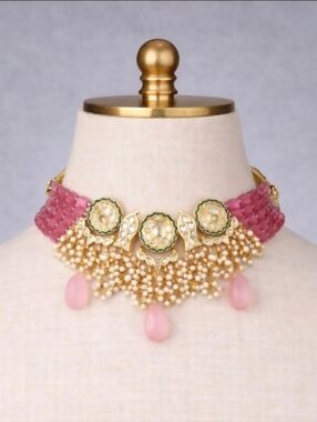 Pink beads Kundan Gold Plated Choker Set with Pearl Drop Earrings